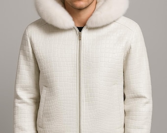 Crocodile Embossed cowhide Leather Bomber Jacket | White Fur Hood