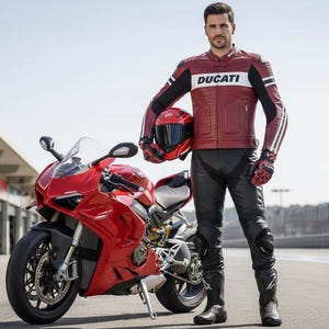 Op de afbeelding: Een rode Ducati sportmotor geparkeerd op een circuit naast een rijder in een rood-wit leren jack met het Ducati-logo, een zwarte leren broek, zwarte laarzen en zwarte handschoenen, terwijl deze een rood-zwarte integraalhelm vasthoudt.