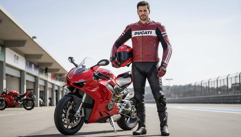 Op de afbeelding: Een rode Ducati sportmotor geparkeerd op een circuit naast een rijder in een rood-wit leren jack met het Ducati-logo, een zwarte leren broek, zwarte laarzen en zwarte handschoenen, terwijl deze een rood-zwarte integraalhelm vasthoudt.