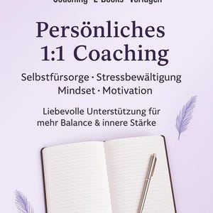 Könnte beinhalten: Ein offenes Notizbuch mit linierten Seiten und einem silbernen Stift auf hellviolettem Hintergrund. Das Notizbuch ist von deutschem Text umgeben, darunter "NIVORA Coaching" und Sätze wie "Persönliches 1:1 Coaching" und "Selbstfürsorge, Stressbewältigung."