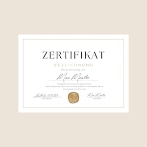 May include: A cream-coloured certificate with German text, including the word "ZERTIFIKAT" at the top. It features a gold seal and the name Max Master. The date on the certificate is 18.01.2010.