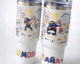 Personalized Venezuela tumbler, Venezuelan tumbler with name, typical food, arepa, Venezuelans, Pabellón Criollo, Coca-Cola icons, souvenirs