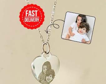 Custom Heart Photo Necklace, Engraved Portrait Locket, Personalized Picture Jewelry for Mom, Memorial Keepsake Gift for Her