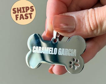 Dog Bone Shaped Engraved Dog Tag, Pet ID Tag, Dog Name Tag, Puppy Tag, gift for dog mom or dad, Pet lover