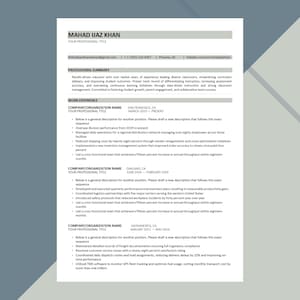 Può includere: Un modello di curriculum professionale con il nome Mahad Ijaz Khan in alto, seguito da sezioni per il riepilogo professionale e l'esperienza lavorativa. Il documento include segnaposto per titoli di lavoro ed elenchi di mansioni.