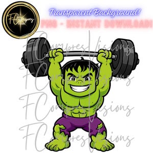 Puede incluir: Ilustración de dibujos animados de Hulk levantando una barra sobre su cabeza. Hulk es verde con pelo negro y pantalones cortos morados. La imagen incluye el texto "Transparent Background! PNG - INSTANT DOWNLOAD!"