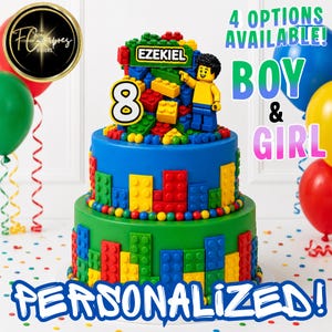 May include: A two-tier cake decorated with colorful building blocks, a number 8 topper, and a plastic figure. The cake features text reading EZEKIEL, 4 OPTIONS AVAILABLE! BOY & GIRL, and PERSONALIZED! surrounded by red, green, blue, and yellow balloons.