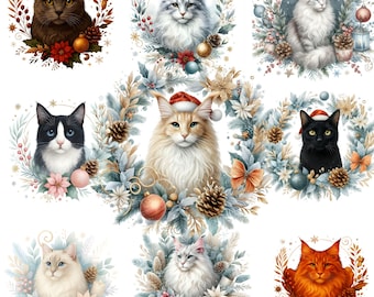 Christmas Cat Clipart Bundle, Festive Winter Wreath Illustrations (Digital Download)