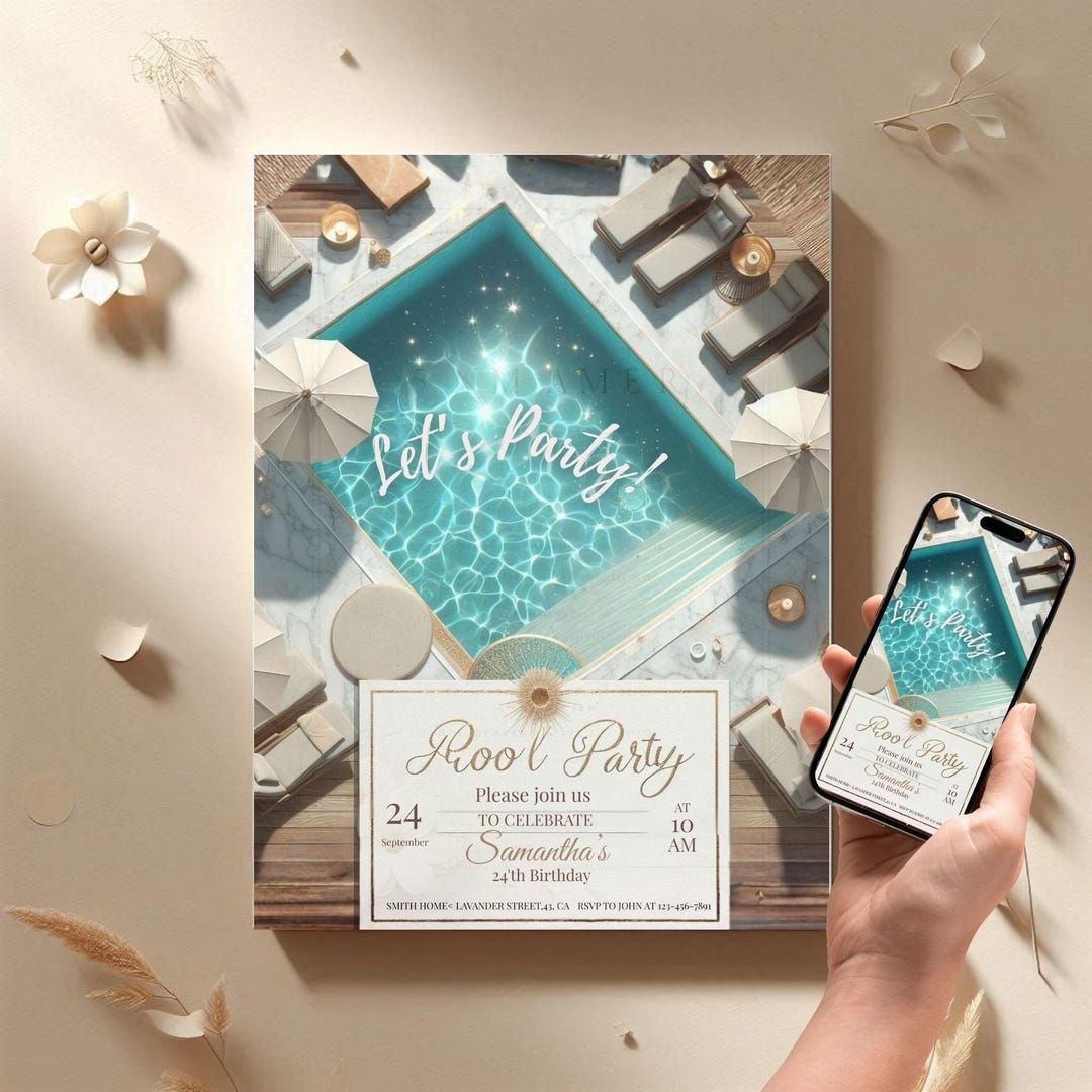 Editable Pool Party Invitation Canva Template, Glam Summer Party Invite ...