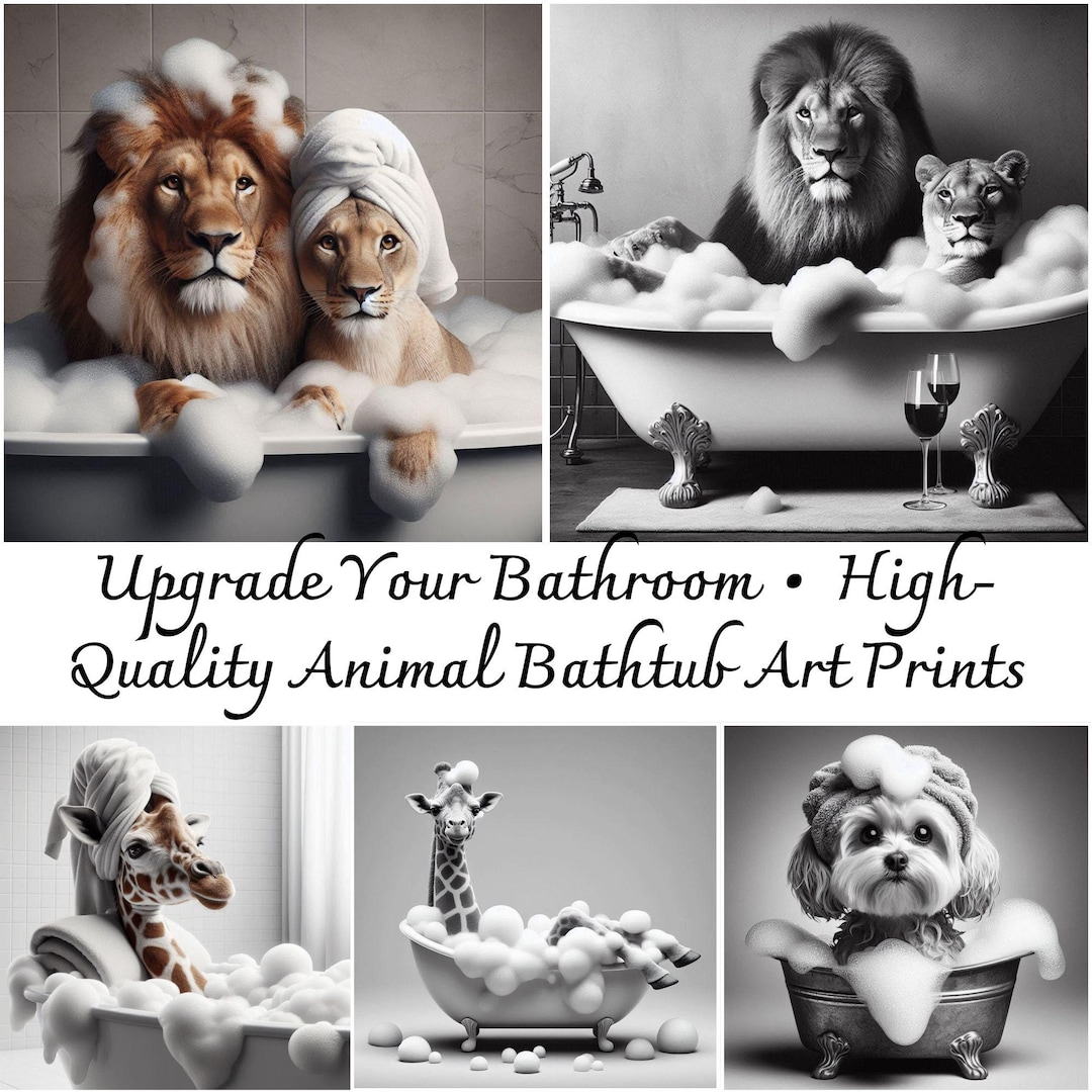 Funny Bathroom Wall Art Set, Animals in Bathtubs Prints, Dog Giraffe ...