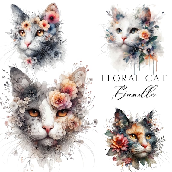 Floral Cat PNG Bundle 14, Watercolor Cat Portraits with Flowers, Sublimation PNG, Botanical Cat Clipart, Cat Lover PNG for Shirts