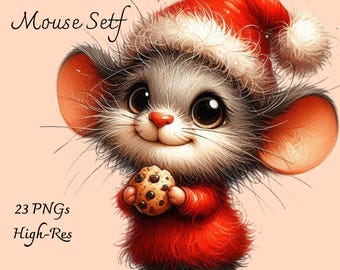 Clipartset feestelijke kerstmuis – 23 png-bestanden | Schattige muis met kerstmuts, kerstliederen, decoreren | Vakantieillustraties 4000 x 4000 px 300 dpi