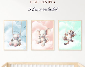 Safari kinderkamer prints set van 3 – grillige baby dieren muurkunst – afdrukbaar kinderkamer decor – Scandinavische kinderkamer posters