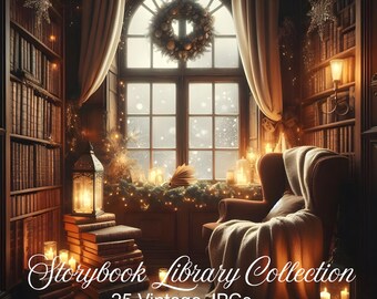 Puede incluir: Una acogedora escena de biblioteca con una gran ventana adornada con una corona. Estanterías llenan las paredes, y un sillón cómodo está cubierto con una manta. El texto "Storybook Library Collection" y "25 Vintage JPGs" son visibles.