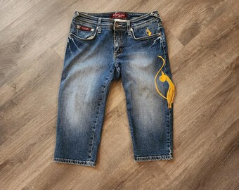 Vintage Baby Phat Y2K Capri-Jeans mit Katzenstickerei, McBling-Verzierung, Cropped-Denim, Größe 5/6