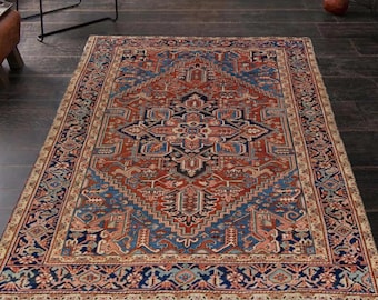 Vintage Rug - Large Rug Red Blue Persiani Rug - Turkish Rug - Area Rugs - Aestehtic Tribal Rug - Antique Oriental rug - Digital Cotton Rug
