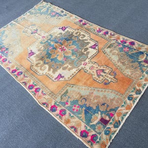 May include: A rectangular area rug featuring a central medallion in shades of blue and beige set against a vibrant orange background. The border displays intricate floral patterns in pink, teal, and brown, finished with short white fringe at ends.