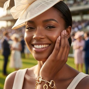 May include: A woman wearing a cream-colored hat with a bow and feather accents. She is also wearing a gold bracelet with horseshoe charms. The background shows a crowd of people at an outdoor event.