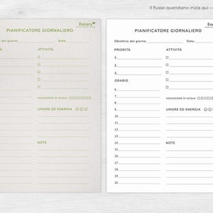 Könnte beinhalten: Zwei tägliche Planerblätter, eines in Beige und eines in Weiß, mit dem Titel "PIANIFICATORE GIORNALIERO". Jedes Blatt hat Abschnitte für Prioritäten, Aktivitäten und Notizen. Oben auf den Blättern steht der Text "Eonary".