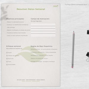 May include: A minimalist weekly detox summary sheet with text in Spanish, including objectives, motivation, and focus areas. A gray pencil and two black binder clips are on the white paper. The text includes "Resumen Detox Semanal".