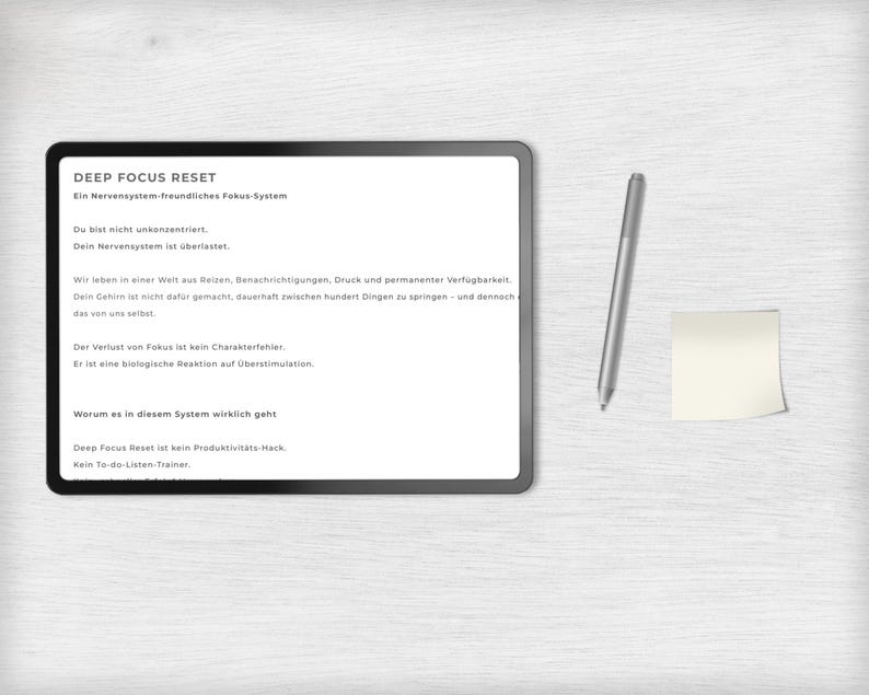 May include: A digital tablet with the text "DEEP FOCUS RESET" and other German text, a silver stylus, and a small yellow sticky note on a light wood-grain surface. The tablet's screen displays text about focus and productivity.