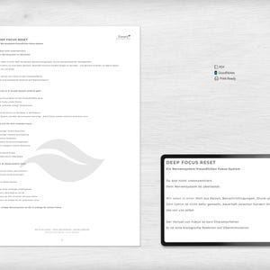 May include: A white sheet of paper with German text and a digital tablet with the words "DEEP FOCUS RESET" in black text. The tablet is on a light gray surface. The image also includes a PDF icon, a GoodNotes icon, and a Print Ready icon.