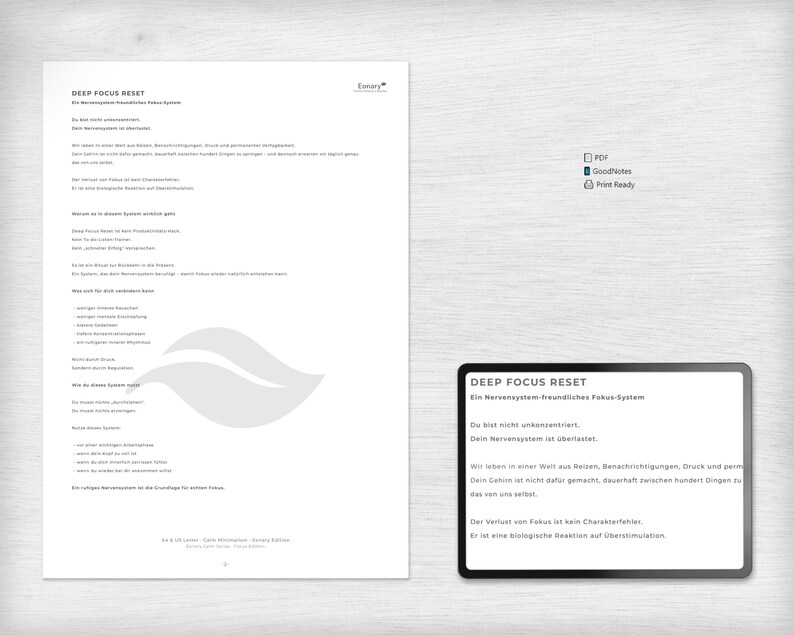 May include: A white sheet of paper with German text and a digital tablet with the words "DEEP FOCUS RESET" in black text. The tablet is on a light gray surface. The image also includes a PDF icon, a GoodNotes icon, and a Print Ready icon.