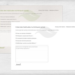 Könnte beinhalten: Zwei weiße Karten mit grünem Text und einem Blattdesign. Die Karten lauten "Créez des habitudes numériques saines" und "Eonary Calm Series - Rebalance Edition". Die Karten listen Schritte auf.