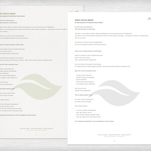 May include: Two-page spread of a printed document with the title "DEEP FOCUS RESET" in black text. The pages have a light beige background with text and a green leaf design. The document appears to be a guide or informational material.