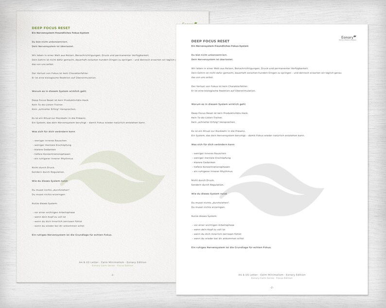 May include: Two-page spread of a printed document with the title "DEEP FOCUS RESET" in black text. The pages have a light beige background with text and a green leaf design. The document appears to be a guide or informational material.