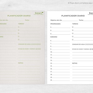 May include: Two daily planner sheets, one in beige and the other in white, with the text "Daily Planner" at the top. Each sheet has sections for priorities, tasks, schedule, water intake, mood, and notes. The Eonary logo is in the upper right corner.