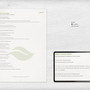 May include: A digital document with the title "DEEP FOCUS RESET" and text in German. The document is on a white background with a leaf design. A smaller digital card with the same title and text is also present.