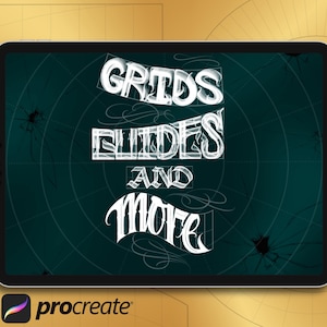May include: A digital tablet displays the words "GRIDS, GUIDES, AND MORE" in a stylized white font against a dark teal background. A white stylus rests on the right. The Procreate logo is at the bottom.