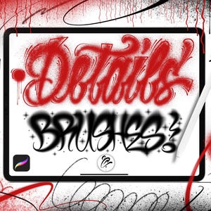 Puede incluir: Una tableta digital muestra las palabras "Details Brushes" en estilo graffiti. La palabra "Details" está en rojo y "Brushes" en negro. Un lápiz óptico blanco descansa sobre la tableta, con salpicaduras de pintura roja y negra en el fondo.