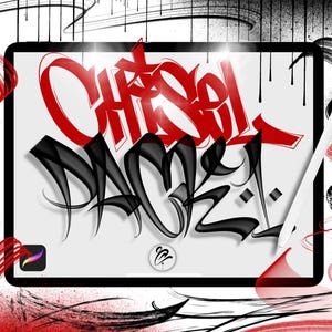 Könnte beinhalten: Digitale Kunst auf einem Tablet mit den Worten "CHILL DANCE" im Graffiti-Stil in Rot und Schwarz. Ein weißer Stift liegt auf dem Bildschirm. Der Hintergrund umfasst rote und schwarze Pinselstriche und Tropfen.