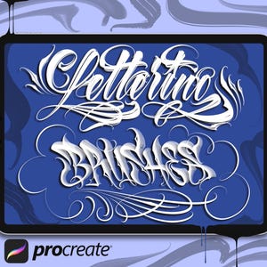 Puede incluir: Ilustración digital en una tableta con las palabras "Lettering Brushes" en escritura blanca y estilizada sobre un fondo azul. Un lápiz óptico blanco está posicionado a la derecha. El logotipo de Procreate está en la esquina inferior izquierda.