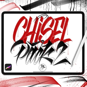 May include: A digital illustration on a tablet featuring the text "CHISEL PACK 2" in bold red and black calligraphy. A white stylus rests on the screen. Red and black brushstrokes surround the tablet.