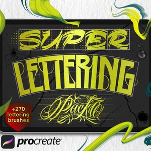 Op de afbeelding: Een digitale illustratie van een tablet met de woorden "SUPER LETTERING" en "Pack". De tablet is zwart met gele letters en een witte stylus. De afbeelding bevat groene en blauwgroene abstracte penseelstreken en het Procreate-logo.