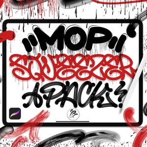 Op de afbeelding: Digitaal kunstwerk op een tablet met graffiti-achtige tekst. De woorden "MOP", "SQUIRRELS" en "PACK?" zijn in zwart en rood. Een witte stylus ligt naast de tablet, met rode en zwarte penseelstreken op de achtergrond.