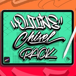 May include: A digital illustration on a tablet screen featuring the words "OUTLINE Chisel PACK" in a graffiti style. The background is a teal grid pattern. A white stylus rests on the right side of the tablet, with a colorful orange and red background.