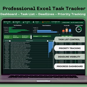 Excel Task Tracker | Dashboard + Deadlines + Priority System | Productivity Spreadsheet | Automated Template