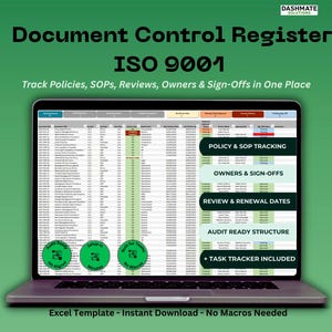 Plantilla de Excel para el Registro de Control de Documentos / ISO 9001 / POE, Seguimiento de Políticas y Revisiones