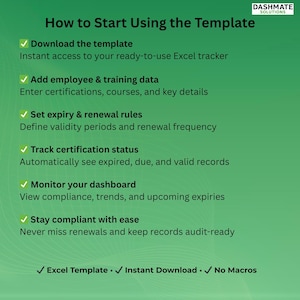 K&ouml;nnte beinhalten: Eine gr&uuml;ne digitale Anleitungsgrafik mit dem Titel How to Start Using the Template von Dashmate Solutions. Sie listet sechs Schritte auf: Herunterladen, Daten hinzuf&uuml;gen, Regeln festlegen, Status verfolgen, Dashboard &uuml;berwachen und Compliance wahren, sowie Details zur Excel-Vorlage.