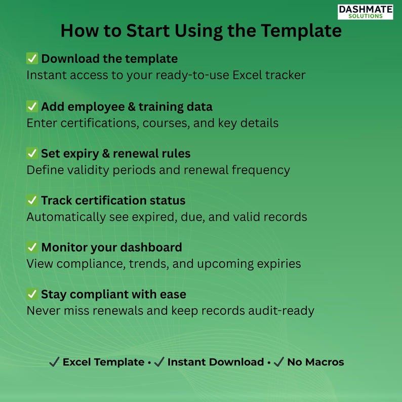 K&ouml;nnte beinhalten: Eine gr&uuml;ne digitale Anleitungsgrafik mit dem Titel How to Start Using the Template von Dashmate Solutions. Sie listet sechs Schritte auf: Herunterladen, Daten hinzuf&uuml;gen, Regeln festlegen, Status verfolgen, Dashboard &uuml;berwachen und Compliance wahren, sowie Details zur Excel-Vorlage.