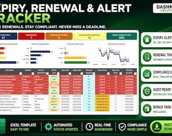 Expiry Tracker Excel Vorlage - Dokument, Vertrag, Bestandserneuerungslog (Digitaler Download)
