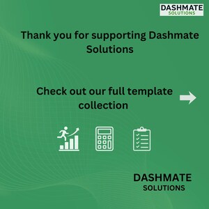 May include: Green background with white text and icons. The text reads "Thank you for supporting Dashmate Solutions" and "Check out our full template collection." The Dashmate Solutions logo is in the top right and bottom right corners.
