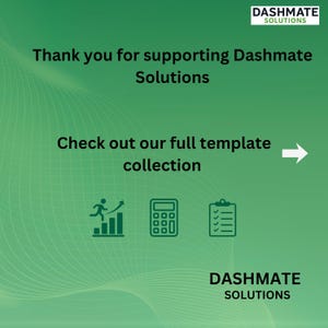 K&ouml;nnte beinhalten: Eine gr&uuml;ne digitale Grafik mit einem Verlaufshintergrund, die den Text Dashmate Solutions, Thank you for supporting Dashmate Solutions und Check out our full template collection mit einem wei&szlig;en Pfeil sowie Symbole f&uuml;r ein Balkendiagramm, einen Taschenrechner und eine Zwischenablage enth&auml;lt.