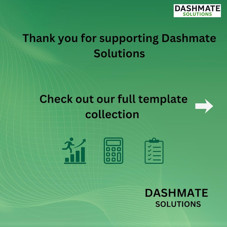K&ouml;nnte beinhalten: Eine gr&uuml;ne digitale Grafik mit einem Verlaufshintergrund, die den Text Dashmate Solutions, Thank you for supporting Dashmate Solutions und Check out our full template collection mit einem wei&szlig;en Pfeil sowie Symbole f&uuml;r ein Balkendiagramm, einen Taschenrechner und eine Zwischenablage enth&auml;lt.