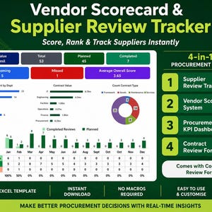 Może przedstawiać: Zielono-biała grafika zatytułowana "Vendor Scorecard & Supplier Review Tracker". Zawiera wykresy, tabele danych i diagramy. Tekst zawiera "Excel Template" i "Instant Download".