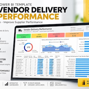 May include: A Power BI template for vendor delivery performance featuring a dashboard with charts, tables, and metrics. The interface displays data on delivery status, order values, and supplier performance, with text labels including Track, Analyse, Identify, and Make Better Decisions.